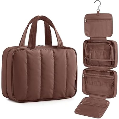 BAGSMART Travel Toiletry Bag for women, Portable Hanging Hook Makeup Bag Organizer, Waterproof Makeup Cosmetic Bag, for Full-Size Accessories, Toiletries,Coffee Brown