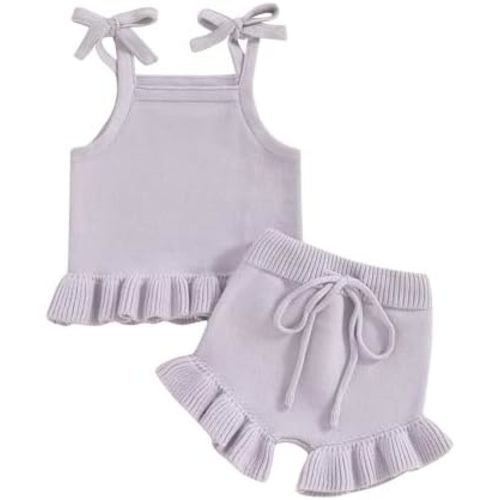 Emmababy Baby Girl Knit Shorts Set Summer Sweater Tank Tops Ruffle Hem Halter Top Newborn Knit Bloomers Ruffle Shorts Set
