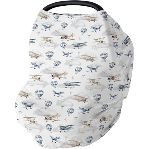 Vintage Planes Airplanes Helicopters Baby Car Seat Covers Hot Air Balloon Plane Clouds Sky Stretchy 5-in-1 Cover Adjustable Infant Carseat Cover Canopy Breathable Nursing Cover-Up