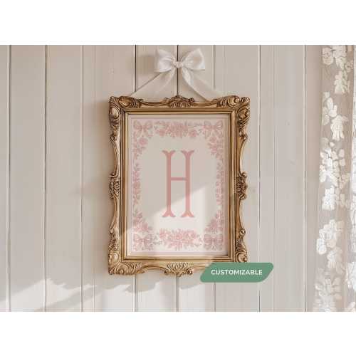 Custom Name Initial Wall Art, Pink Personalized Monogram Print, Girl Baby Shower Nursery Decor Gifts, Coquette Bows Poster for Toddlers Room