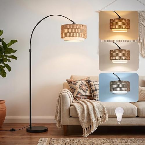 Arc Floor Lamp for Living Room with 12W Bulb,61.5"-72.4" Height Adjustable Rattan Floor Lamps with 3 Color Temps, Farmhouse Arched Standing Lamp,Boho Floor Lamp, Arched Floor Lamps for Bedroom, Office