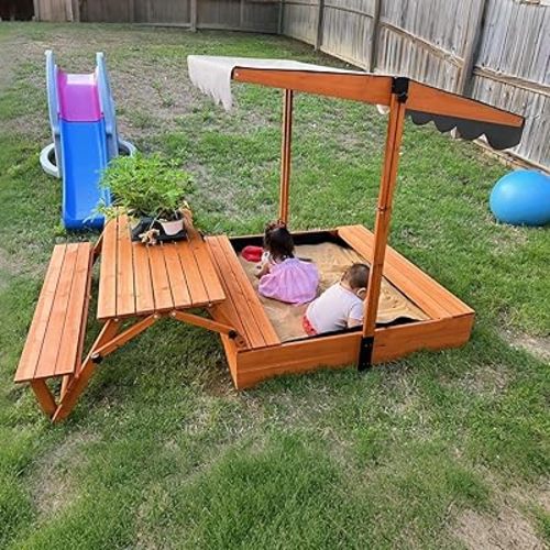 FunXplore Wooden Kids Sandbox with Lid, Outdoor Sand Box with Picnic Table, Sandpit with Cover Canopy for Aged 3-8 Years Old, Adjustable Roof Bottom Liner