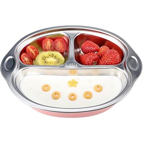 MR. CHOU Stainless Steel Divided Toddler Plate, Suction Baby Plates for Baby & Toddler, Dishwasher Safe, Pink