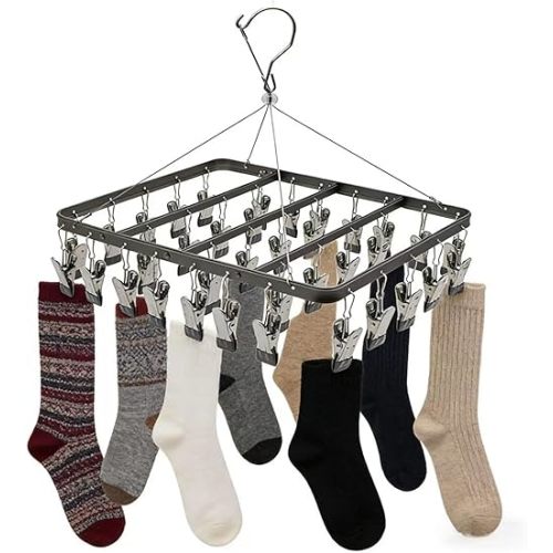 Clothes Drying Racks Clip Hangers Metal with 36 Clips Windproof Hook Underwear Hanger Foldable Laundry Clip for Socks Bras Black