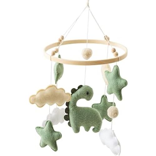 Soft Green Dinosaur Theme Baby Mobile for Crib, Simple Crib Bell for Boys and Girls,Handmade Felt Clouds Nursery Ceiling Decoration,Easy to Install Cotton Animal Charms for Bassinet