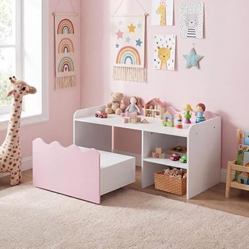 Costzon Kids Bookshelf with Movable Drawer, Wooden Toddler Toy Shelf with Flip-up Top, 4 Universal Wheels & Anti-toppling Kit, Toy Storage for Kids Room, Playroom, Nursery (Pink)