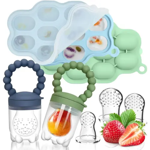 Silicone Baby Fruit Food Feeder, 2 Pack Freezer Tray with lid for Batch Prep,Introduce New Foods, Breastmilk Popsicle Molds, Silicone Teething Toys, Includes 6 Extra Food Pacifier