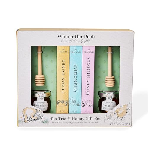 Thoughtfully Winnie-the-Pooh Honey and Tea Gift Set, Classic Storybook Tea Trio with 3 Flavors, 2 Honey Jars and 2 Wooden Dippers, Literary Baby Shower and Nursery Gift