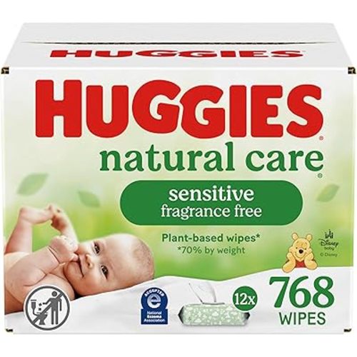 Huggies Natural Care Sensitive Baby Wipes, Unscented, Hypoallergenic, 99% Purified Water, 12 Flip-Top Packs (768 Wipes Total), Packaging May Vary