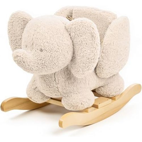 Nattou Rocking Animal Soft Teddy Fabric Rocking Animal Elephant Includes Safety Belt Happy Swinging Back and Forth Approx. 60 cm Lapidou Polyester Wood Ecru