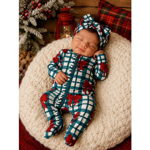 2-Way Zip Ruffle Footie, Yuletide Bows
