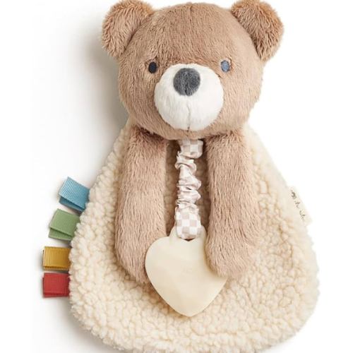 Itzy Ritzy - Itzy Lovey Including Teether - Baby Lovey with Teether, Textured Ribbons & Dangle Arms - Features Crinkle Sound, Sherpa Fabric and Minky Plush (Bear)