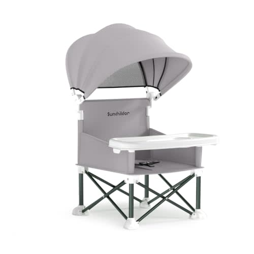Portable Baby Booster Seat with Removable Tray & Canopy - 3 Point Safety Harness, Compact Fold for Travel, Indoor Outdoor Use for Infants & Toddlers, Gray