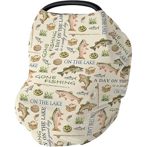 Gone Fishing Car Seat Cover for Babies Vintage Lake Fishing Lovers Gift Stretchy 5-in-1 Covers Adjustable Car Canopy Cover Vacation Outdoors Adventure Breathable Nursing Cover-Up