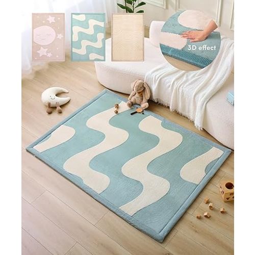 Stylish Coral Baby Play Mat for Floor 47" x 67" Waves – Soft 1" Thick High-Density Memory Foam Nursery Rug,Kids Rug with Non-Slip Backing for Crawling & Playing, Playroom Rug, Kids Carpet