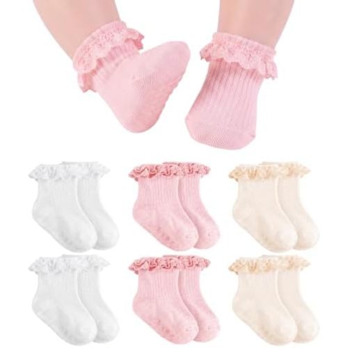 Baby Girl Ruffle Socks with Grips Soft Cotton Non Slip Ankle Socks