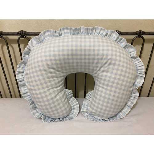 Pale Blue Gingham Nursing Pillow Cover with Ruffle