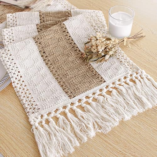 Fexia Boho Table Runner - 108 Inches Long, Cream & Brown Rustic Macrame for Bohemian Dining & Bedroom Decor, Bridal Shower (12x108 Inches)