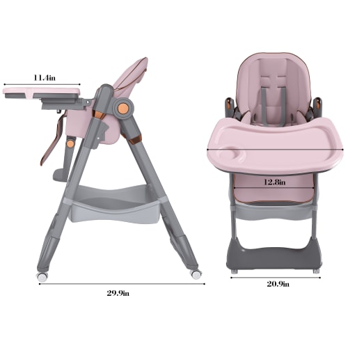 Foldable Baby High Chair 0-6 Years – Adjustable Infant Feeding Seat with Tray, Wheels & Safety Belt, Easy-Clean Cushion Pink