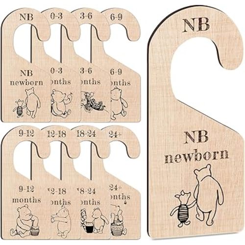 8Pcs Winnie Baby Closet Dividers for Newborn, Classic Winnie Baby Nursery Decor Wooden Hanger, the Pooh Baby Clothes Dividers for Closet, Double-Sided Baby Closet Dividers