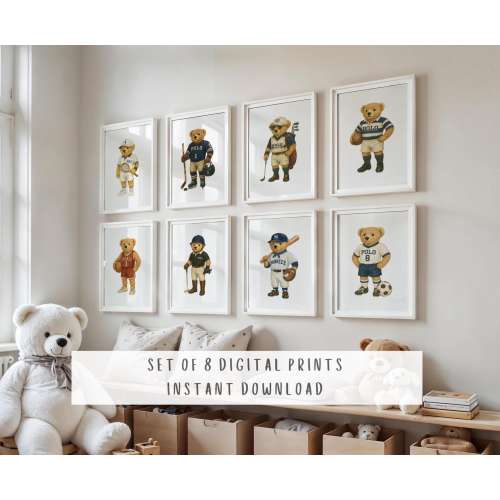 Vintage Teddy Bear Sports Nursery Art Prints: Set of 8 (Digital Download)