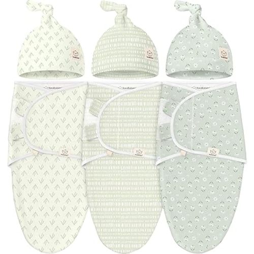 KeaBabies 3-Pack Swaddles for Newborns, Girls, Boys with Hats - Organic Soft Baby Sleep Sacks, Breathable Baby Swaddle 3-6 Months Beanies Set, Premie Infant Sleep Sack 0-3 Months (Leafy)