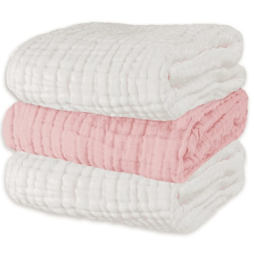 Asung Muslin Baby Bath Towel 3 Pack Soft Cotton Towels for Delicate Skin 40x 40inch (White & Pink)
