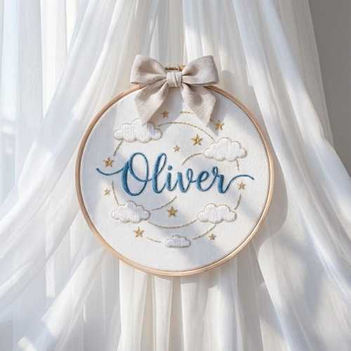 Cloud & Star Baby Name Hoop: Personalized Nursery Wall Decor