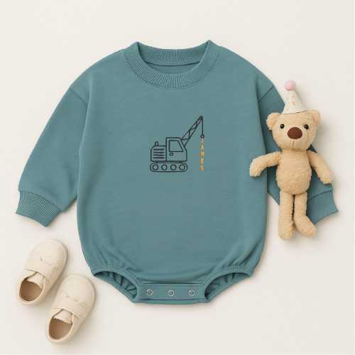 Personalized Excavator Baby Bodysuit: Custom Name Embroidery, Cotton Romper