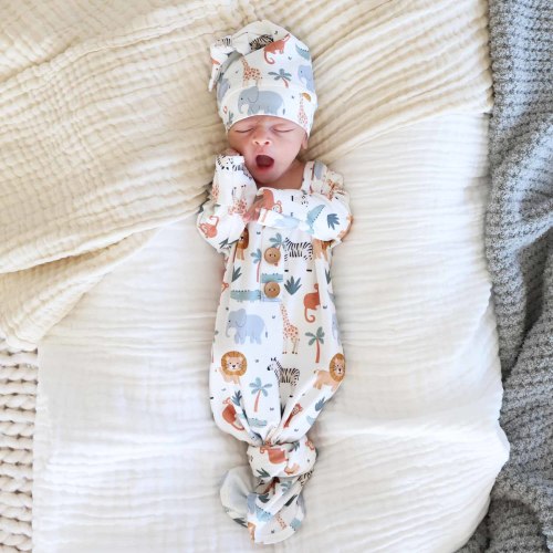 Safari Snuggles Newborn Baby Knot Gown & Hat Set