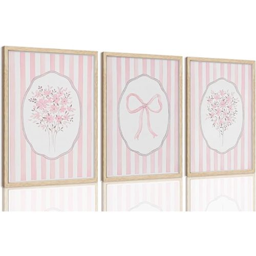 SongZest 3 Piece OAK Framed Wall Art Pink Floral Canvas Art Pink Striped Flower Prints Coquette Bow Pictures Wall Decor Minimalist Botanical Aesthetic Paintings Artwork for Bedroom Bathroom Living Room 12x16in