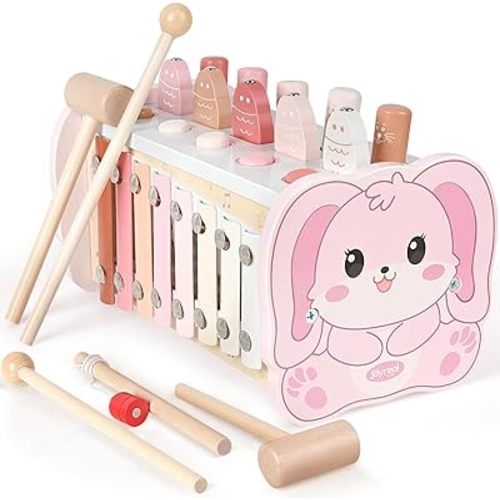 Joyreal Montessori Toys for 1 Year Old Girl Gift - Pink Wooden Hammering Pounding Toy with Xylophone & Fishing Game - Toddler Learning Activities for Kids 1+ 2 3 Year Old Christmas Birthday Gifts