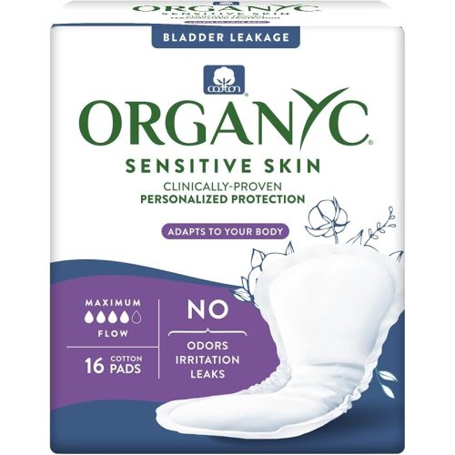 Organyc 100% Organic Cotton Inside and Out Incontinence Pads for Bladder Leaks, FSA/HSA Eligible, Maximum Flow, 16 Count