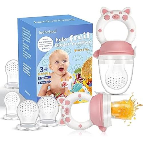 Baby Fruit Food Feeder Pacifier - Fresh Teething Pacifiers, Infant Fruit Teething Teether Toy for 3-24 Months, 6 Pcs Silicone Pouches for Toddlers & Kids & Babies, Piggy Handle 2-Pack (Pink)