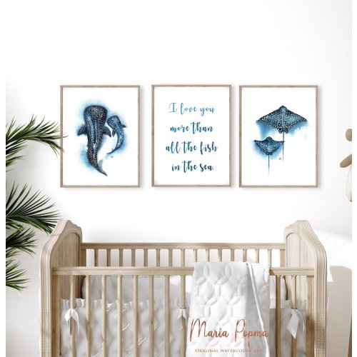 Ocean nursery art prints set | whale shark nautical wall art | DIGITAL DOWNLOAD | Beach House Decor | Manta Ray decor, kids room sea