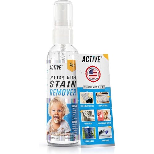 Messy Kids Stain Remover Spray - ACTIVE Laundry Spot Cleaner, Natural Stain Treater Spray for Baby Clothes Fabric, Toddler Clothing, Rescue Mess Removal for Food, Oil Stains, Great for Travel - 4 oz
