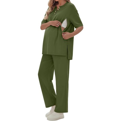 2 Piece Maternity Nursing Set Postpartum Breastfeeding Short Sleeve Zipper Shirts Wide Leg Pants Pregnancy Clothes