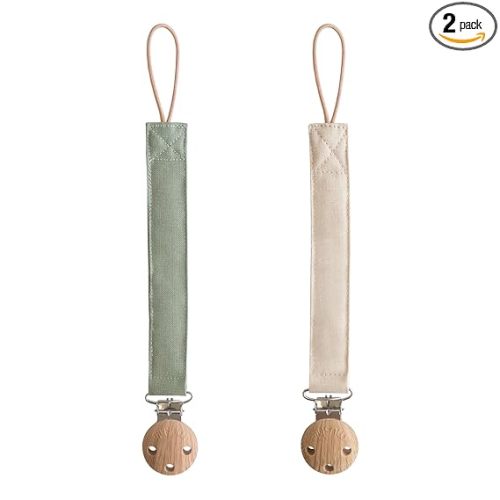 mushie Linen Baby Pacifier Clip Holder | Soft Fabric Strap, 2-Pack (Olive/Shifting Sand)
