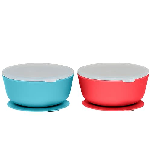 WeeSprout Suction Bowls for Baby & Toddlers (Set of 2) - 100% Silicone w/Plastic Lid - Leak Proof Feeding Supplies - Dishwasher & Microwave Safe Infant Dinnerware w/Extra Strong Base