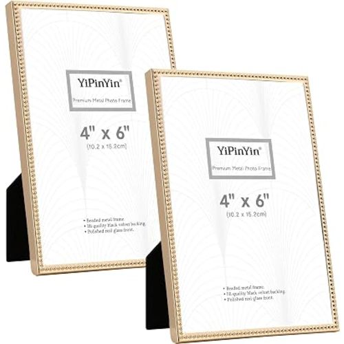 YiPinYin 4x6 Gold Picture Frame,Metal Beaded Design,2 Pack