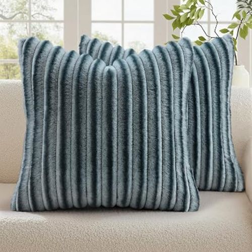 decorUhome Fall Faux Fur Throw Pillow Covers 16x16 Set of 2 Blue Grey