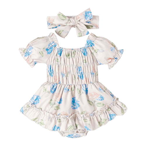 Otqutp Toddler 2024 Clothing 0 to 18 Months Summer Fashion Floral Print Sweet Ruffled Short Sleeved Romper With Headband