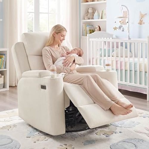 Power Nursery Glider Rocking Chair, Comfy Chenille Beige