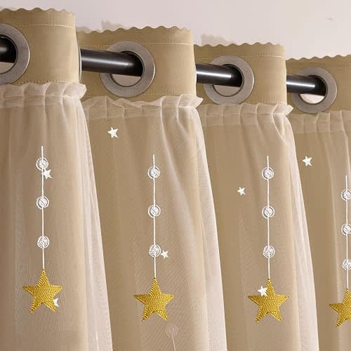Beige Shooting Star Pattern Living Room Bedroom Blackout Insulated Double Layer Curtains for Girls Bedroom Kids Room Decor (47" W x 76.7" L)