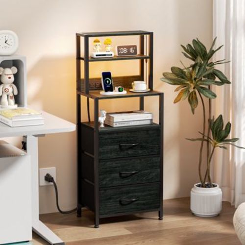 Qwatto Black Nightstand 4 Tier Storage Shelves 3 PU Fabric Drawers Modern Bedside Table Narrow Accent Side End Table Organizer for Bedroom Living Room