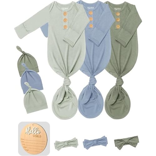 3 PK Baby Knotted Gowns Set with Mittens, Hats, Headbands & Wooden Name Tag for Breathable Newborns Going Home Outfit