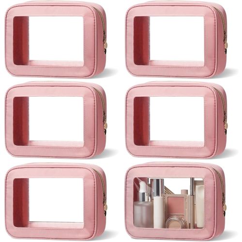 Abbylike 6 Pcs Clear Mother's Day Travel Nylon Clear Nude Pink Toiletry Bag Bulk Car Organizer Case Waterproof Toiletry Pouch with Golden Zipper for Teacher Mother Women Wedding Gift