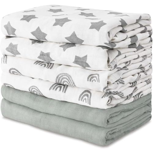 GLLQUEN BABY Receiving Blankets Muslin Swaddle Blanket for Newborn Girl Boy | Cotton Squares Baby Blankets, Soft & Thin Swaddle Cloth, Breathable Absorbent Infant Swaddling Wrap - 6 Pack (Star)