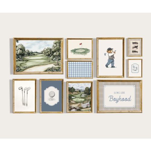 Blue Green Teddy Bear Nursery Golf Prints, Set of 10, Custom Initials, Nostalgic Wall Decor, Vintage Sport Nursery Decor, Golf Boy Room Art