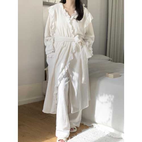 Romantic White Loungewear Set : Ruffle Robe and Pajama Set, Soft Lace Trim Homewear